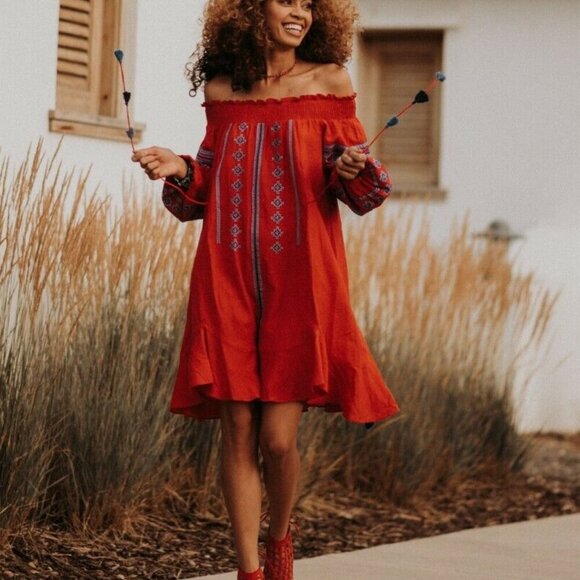 Anthropologie Ranna Gill Off Shoulder Dress Small Red Embroidered Peasant Cotton - Picture 2 of 11